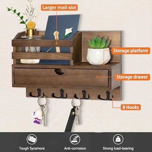 Irayin Schlüsselbrett Holz mit Ablage, Schlüsselhalter Holz mit 4 Doppel Schlüsselhaken und Aufbewahrungsschublade, Wand Schlüsselboard für Eingangsbereich, Flur, Wohnzimmer, Büro - Braun