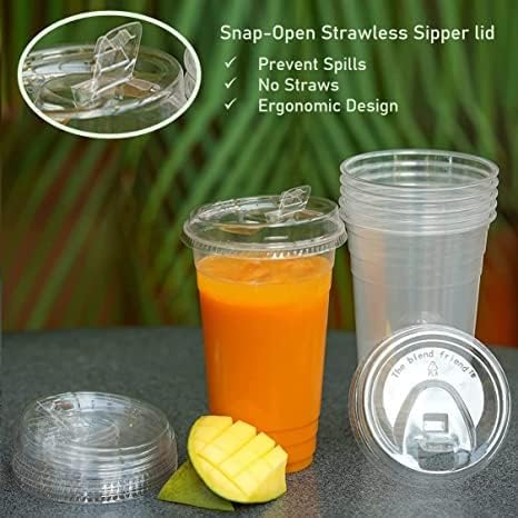The blend friend [16oz, 50 pack] Compostable Cups with Lids – Eco plant based cups with strawless snap-fit sipper lids- Green Eco Friendly Alternative to Clear Plastic Cups with - Image 2