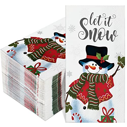 100 Packs Christmas Snowman Paper Guest Napkins Christmas Guest Hand Towel Napkins Let It Snow Winter Snowflakes Cocktail Beverage Disposable Napkins for Xmas Party, 16'' x 13'' (Snowman)