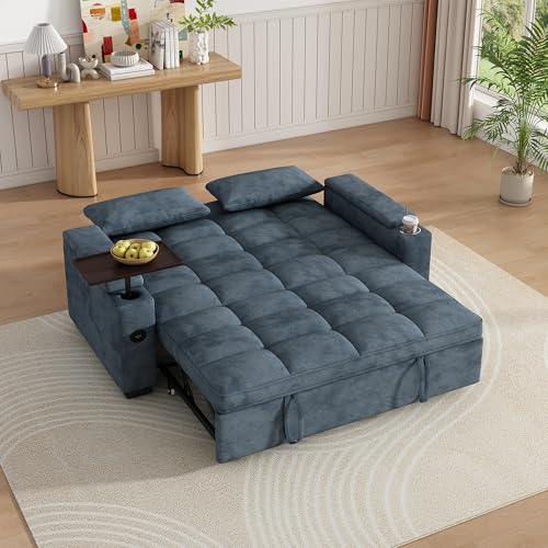 Image of Dreamzie 65'' Convertible Sleeper Sofa Bed with 90 Swivel Side Table, Chenille Pull Out Couch for Living Room, Loveseat Sleeper with Hidden Storage Space | Charging Port | Cup Holders, Blue