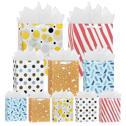 MUMULULU 10 Pack Gift Bags Assorted Sizes Paper Gift Bags with Handle and Tissue Paper for Birthday Party Baby Shower Wedding Holiday Presents