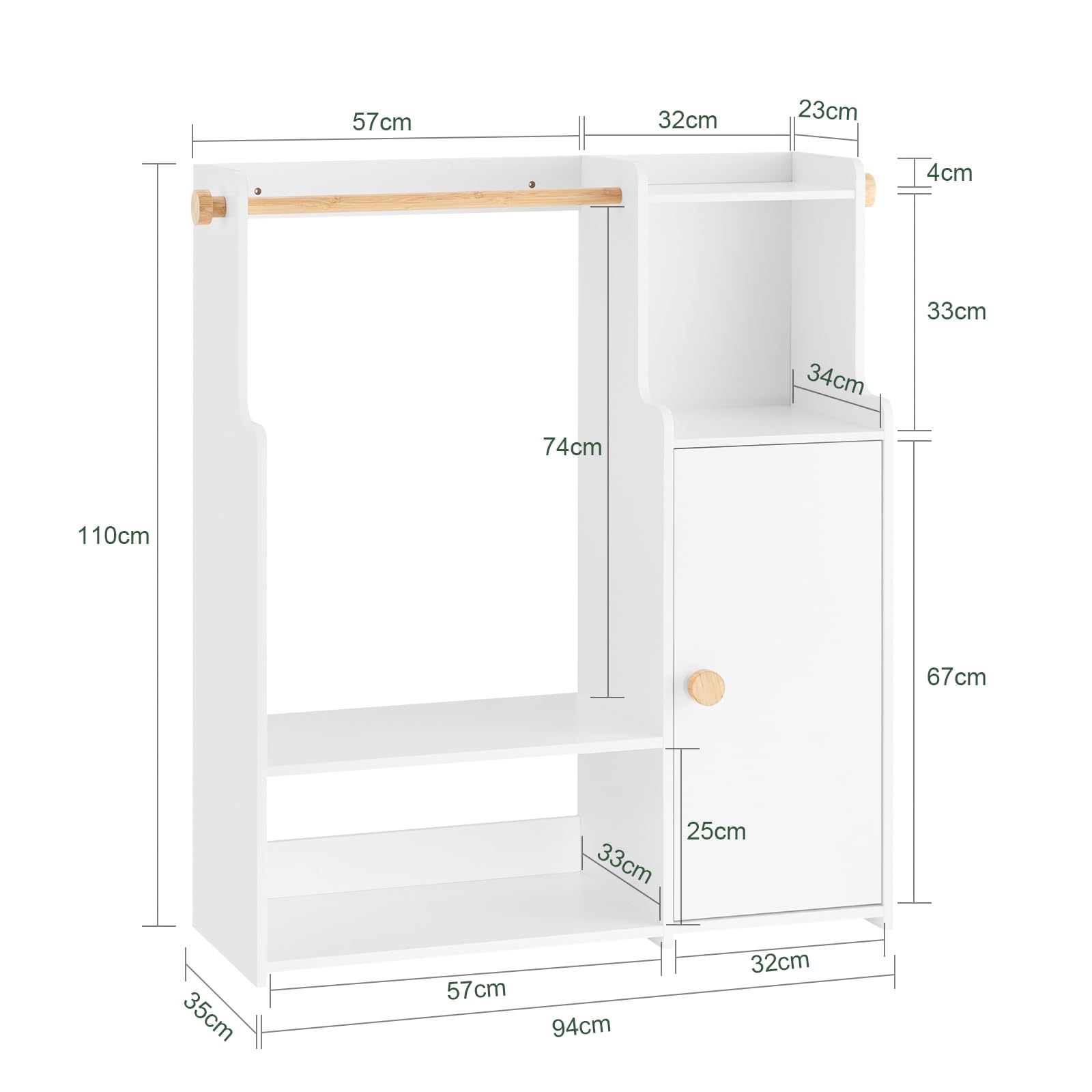 SoBuy Kinderkledingrek, Kledingkast met 2 Vakken en 1 Deur, Opbergoplossing voor Kinderkamer, Wit, 94x35x110 cm, KMB110-W