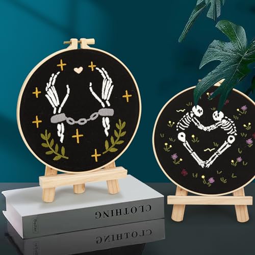 Image of Halloween Embroidery Kits for Beginners Adults, Skeleton Stamped Cross Stitch Kit for Adult Beginners, Gothic Hand Embroidery Starter Kits, 2 Set Embroidery Supplies, 2 Hoops (Attached Video Tutorial)