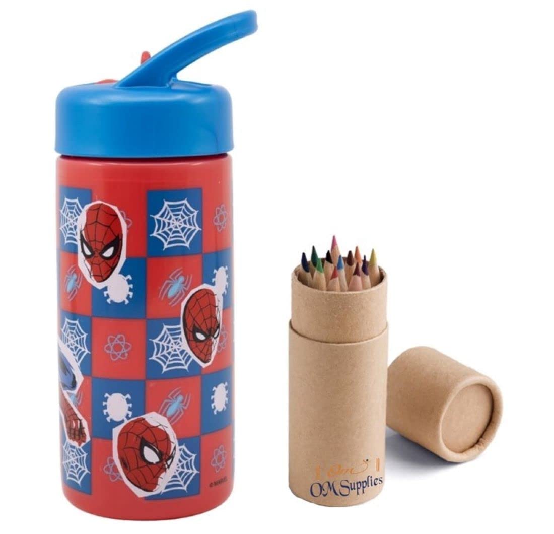 Om Supplies Spiderman Reusable Sipper Water Bottle Drink Bottle With Built-In Handle For Easy Carry School Lunch Kids Childrens 410Ml (Spiderman)