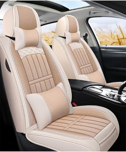 日産 セレナC27 C24 C25 C26〜現行に適用車シートカバー座布団 防水 全天候型汚れ防止 取付簡単 滑り止め 収納便利クッションプロテクター前後席背もたれ耐摩耗性通気リネン素材(ベージュ,枕付き)