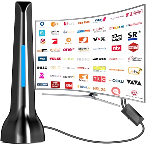 DVBT2 Antenne, zimmerantenne DVB-T & DVB-T2 Antennen mit Verstärker, Großer Reichweite und 360° Empfang, Zimmerantenne für Fernseher mit Starkem Magnetfuß, Geeignet für 4K 1080p & Alle TV-Geräte