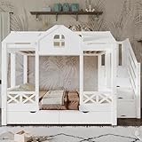 TOBIDOEN Etagenbett Kinderbett 90x200cm & 140x200cm, Kiefer+MDF+Sperrholz Stabil, Treppenhausschrank mit 4 Staufächern + 2 Rollenschubladen, Lattenrost & Dekorationsfreundlich, Weiß - Stil D