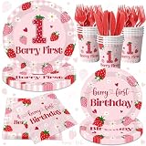 Berry First Birthday Tableware Decorations,Strawberry 1st Birthday Party Supplies for Girls,Strawberry Sweet One Themed Decor Disposable Plates,Napkins,Cups,Forks Knives,Serve 24