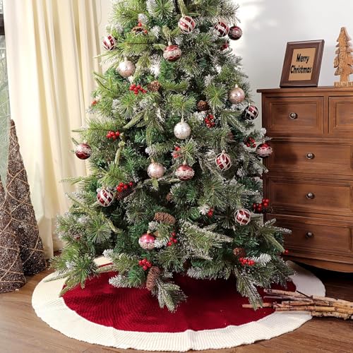 LimBridge-Knitted-Christmas-Tree-Skirt-48-Inches-Red-Tree-Skirt-with-White-Edge-Linen-Knit-Thick-Rustic-Christmas-Tree-Decorations-Farmhouse-Christmas-Decor-Xmas-Holiday-Home-Party-Decorations LimBridge Knitted Christmas Tree Skirt 48 Inches Red Tree Skirt with White Edge Linen Knit Thick Rustic Christmas Tree Decorations Farmhouse Christmas Decor Xmas Holiday Home Party Decorations