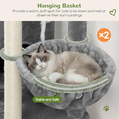 Image of Globlazer Cat Tree Tower for Indoor Cats, Sturdy Adult Cat Tree House for Large Adult Cats with 2 Platform, 6 Cat Scratching Post, 2 Cat Caves, Dangling Toys, S63, 63 inch, Light Grey