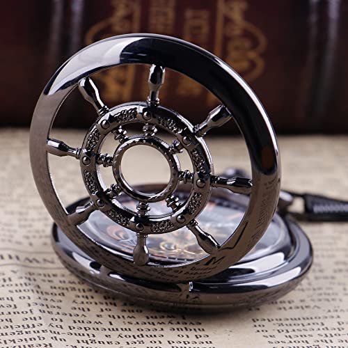 Image of Men's Mechanical Hollow Design Hand Wind Pocket Watch Roman Numerals Steampunk with Chain Box