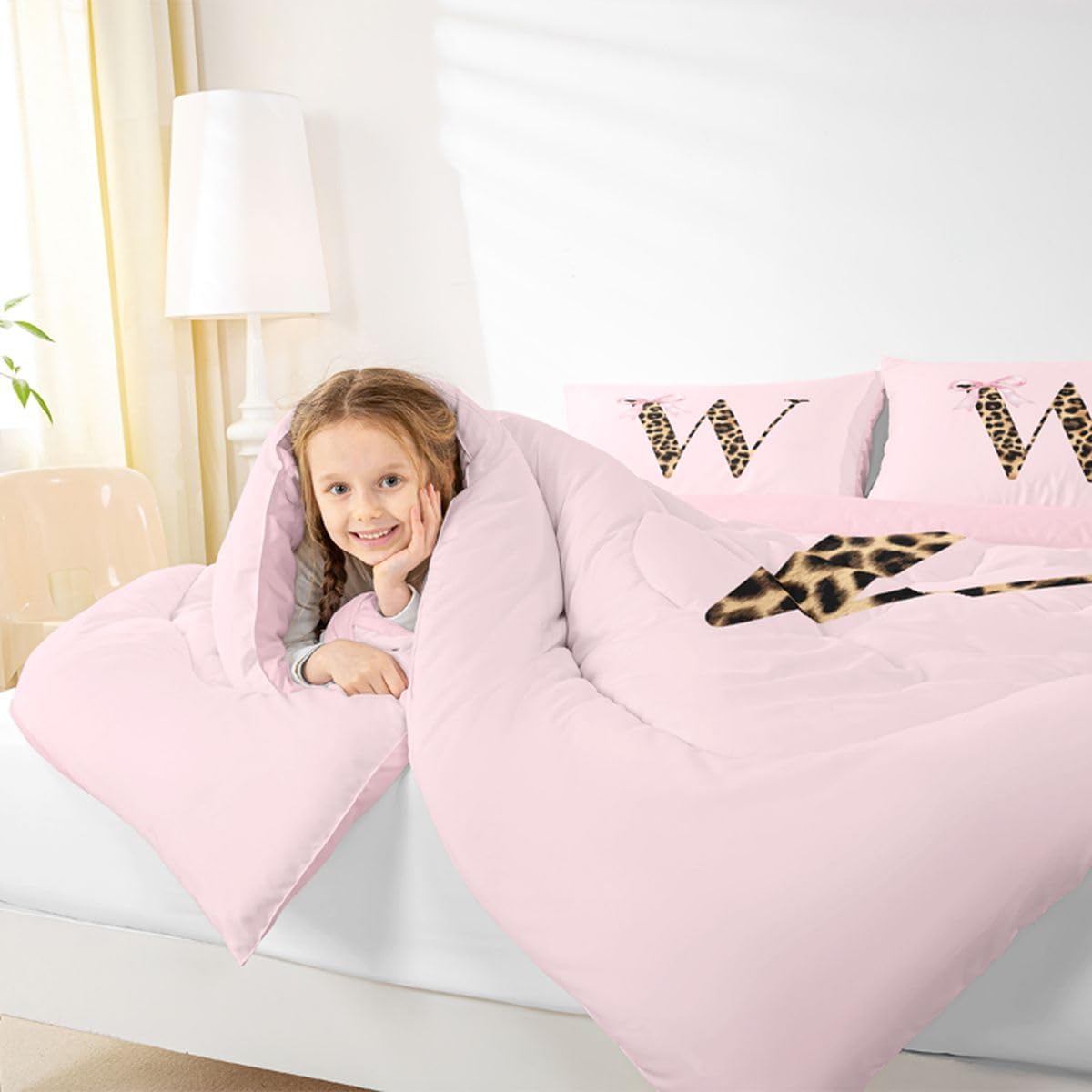 Homewish Homwish różowa gepard kokarda podwójne zestawy pościeli - nowoczesny zestaw pościeli w panterkę litera W modny stylowy modny zestaw kołdry - urocza kołdra z monogramem kokarda bez pokrowca