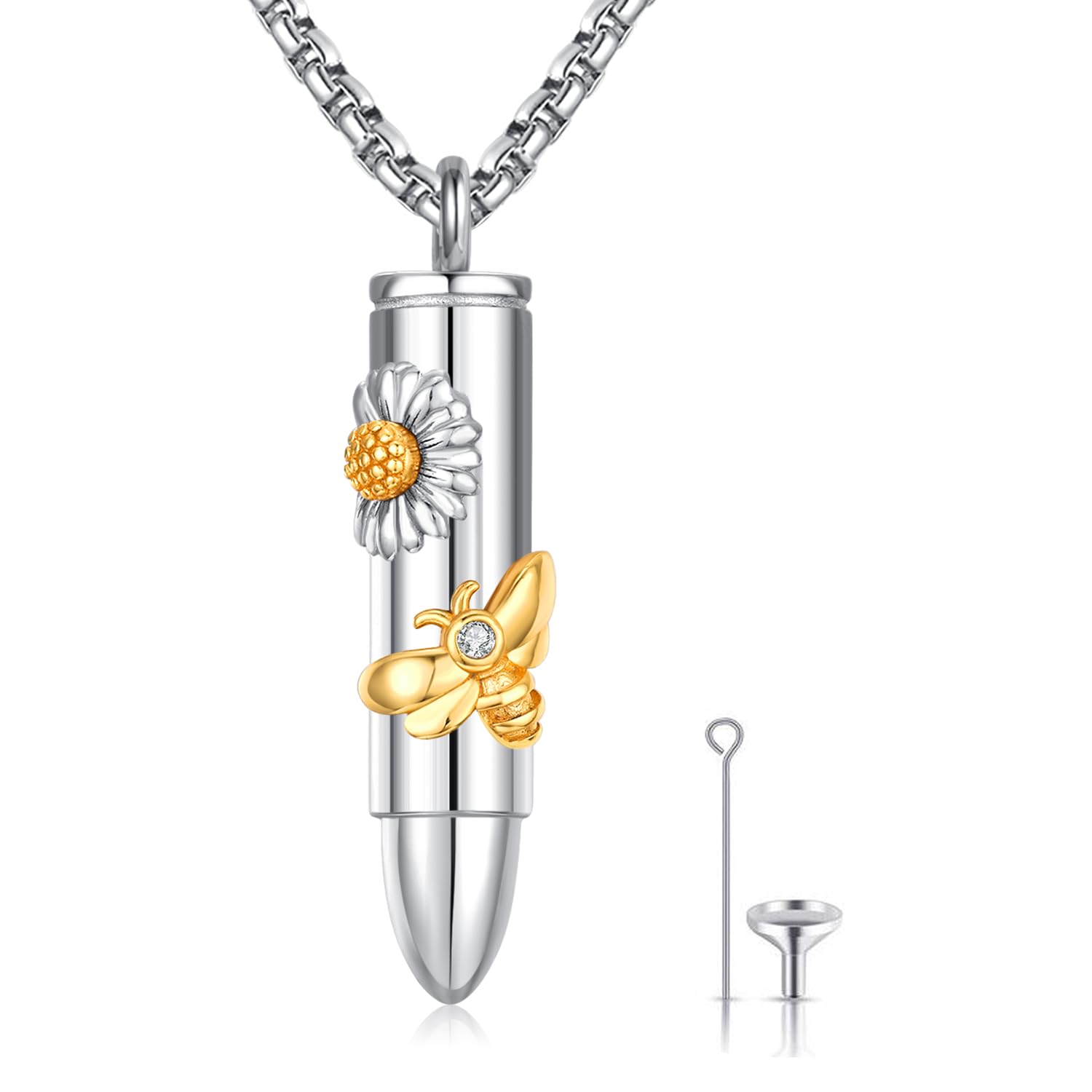 Collana con ciondolo a forma di proiettile per ceneri di cremazione, in argento Sterling 925, con ciondolo a forma di ape e margherita, regalo commemorativo