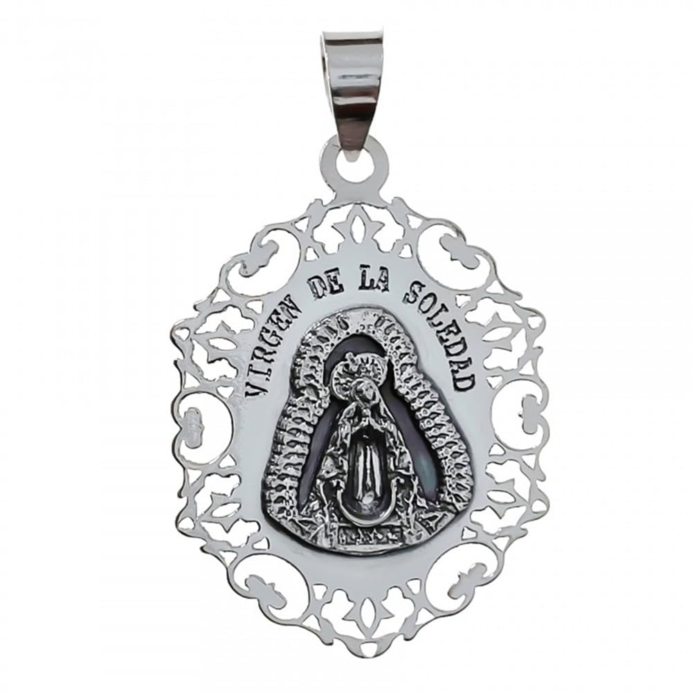 Virgen de la Soledad Colgante Plata Ley 925m medalla 30mm. bordes calados