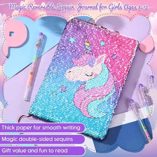 Image of Outus 4 Pcs Sequin Girls Journal Valentines Journal Gift with Color Gel Ink Pens Glitter Notebook Flip Writing Diary for Kids Girl Writing Drawing Travel Gifts(Gradient Pink,Unicorn)
