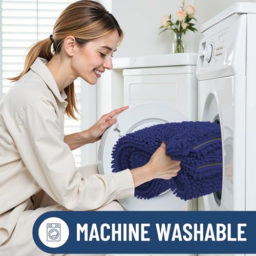 Smiry Luxury Chenille Bathroom Rugs 30x20, Extra Soft and Absorbent Shaggy Bath Mat, Machine Washable, Non-Slip Plush Carpet Runner for Tub, Shower, and Floor, Home Decor Accessories, Deep Blue