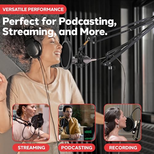 Image of Pyle Microphone Boom Suspension Stand - Adjustable Scissor Spring Arm Floor Mic Stand with Shock Mount, Pop Filter, 3.1 ft Arm Extension for Podcast, Studio, Streaming, Radio Broadcasting, Black