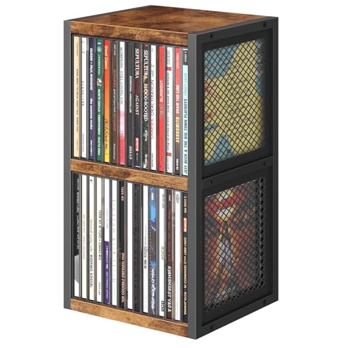 ELITEROO CD Holder Desk Rack Organizer Wooden CD Storage Stand Holds up to 30 Cd Cases 2 Tier CD Tower with Mesh Sides Retro Small CD Display Shelf for Theatre Room Home Collectibles Rustic Brown