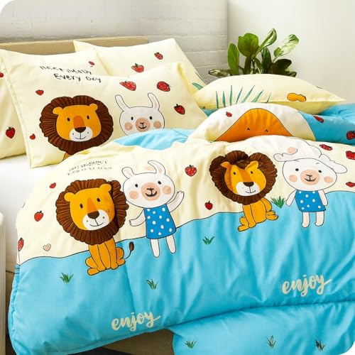 Image of 200 GSM 400 TC Kids Glace Cotton Reversible Cartoon Printed Double Bed King Size Comforter with Matching Bedsheet 90 * 100 with 2 Pillow Covers Set of 4 Pieces (Lion)