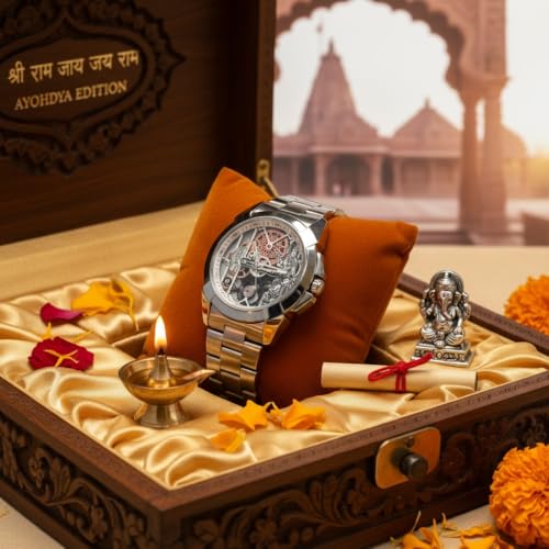 Image of Shree Ram Skeleton Watch, Ayodhya Mandir Theme, Mechanical Look Quartz, Stainless Steel Metal Bracelet, Round Dial with Deity Engraving for Man and Boyes