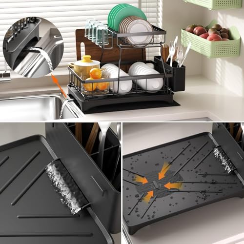 Image of ZENOVIA Dish Drying Rack 2-Tier with Drainboard & Drain Pipe | Rust Proof Carbon Steel Kitchen Organizer with Cup, Knife & Cutlery Holder | PP Tray | Snap On Assembly