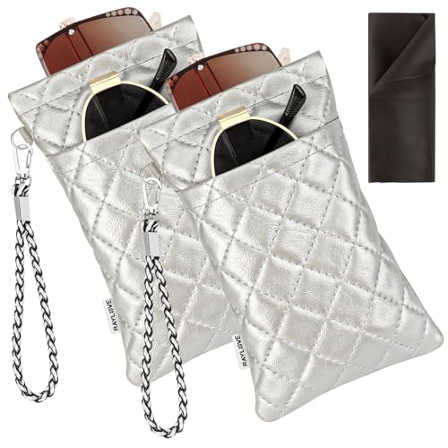 YOSE Estojo duplo para óculos, bolsa macia de 2 camadas com alça de transporte e pano de limpeza para mulheres e homens, parte superior portátil, Prata, tamanho �nico
