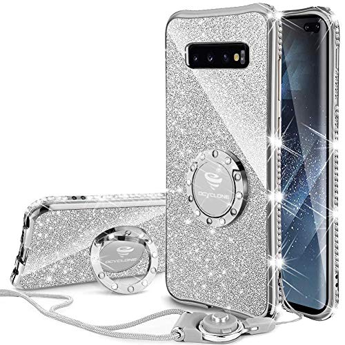 OCYCLONE for Galaxy S10 Plus Case, Cute Glitter Bling Diamond Cute Rhinestone Bumper with Ring Grip Kickstand Protective Soft Samsung Galaxy S10+ Plus Case for Women Girl - Silver