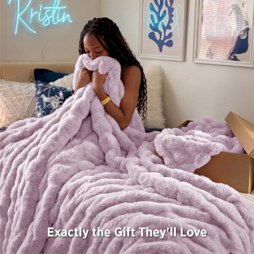 Image of Bedsure Fluffy Bubble Faux Fur Throw Blanket, 50 inchx60 inch, Light Purple