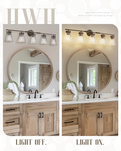 Image of 5-Light Bathroom Vanity Light, HWH Farmhouse Vanity Lights for Bathroom Vanity Lamp Oil Rubbed Bronze, Vanity Sconce with Clear Striped Glass, 5HZG97B-5W ORB