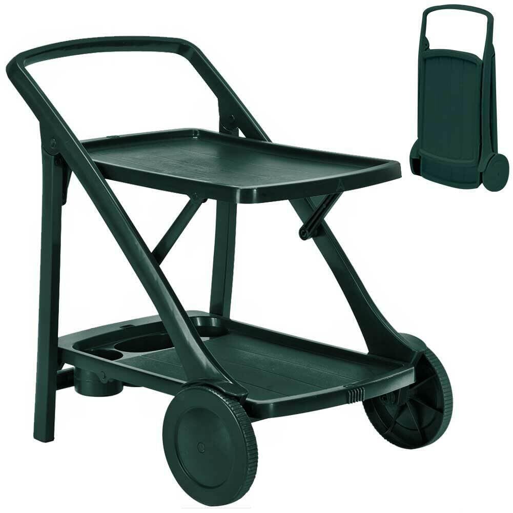 Carrello Cucina Portavivande Esterno in Resina Verde con Vassoio Portabottiglie