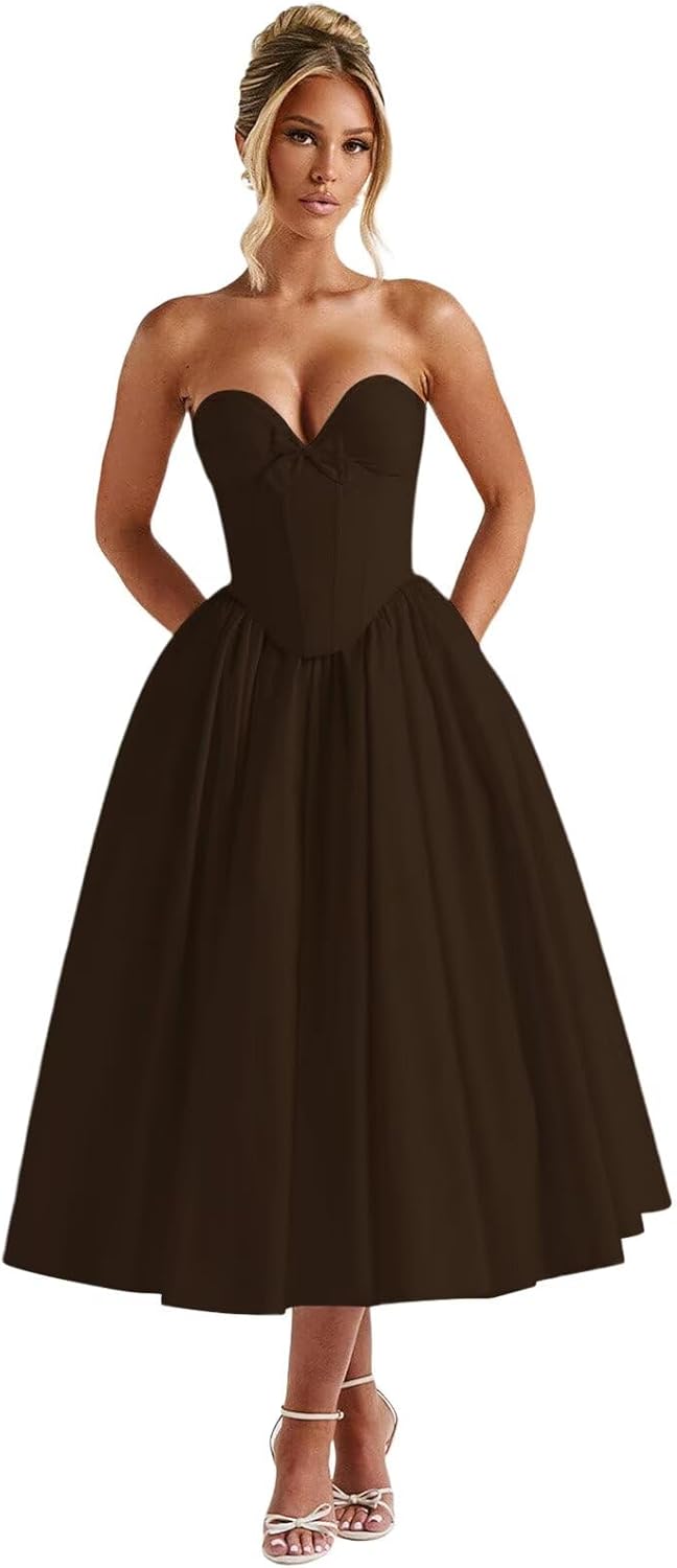 UZN Strapless Prom Dresses for Women Satin 2026 Tea Length A Line Corset Formal Evening Party Gowns