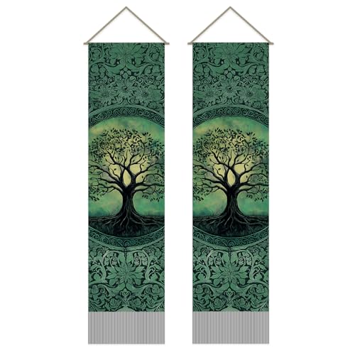 SUPERDANT Tapisserie Arbre De Vie Vert Nature Tapisserie Murale Art Murale 2 Longues Tapisseries Murales Avec Franges Pour Salon Chambre Salle De Yoga 130x33cm