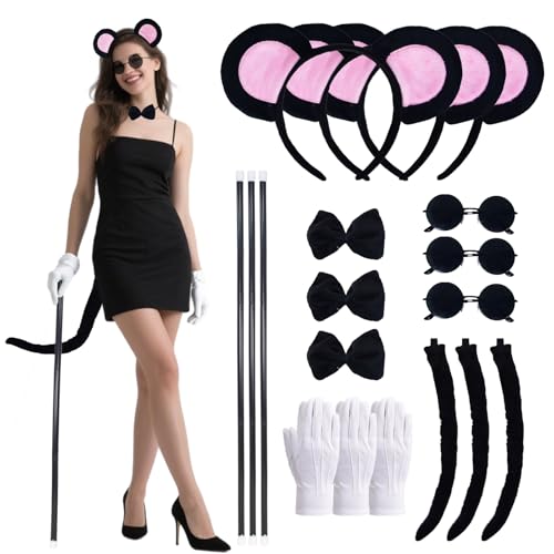 3 Set Mice Costume Accessories, Plush Mouse Ears & Tail Blind Cane Sunglasses Bow Tie White Gloves for Women Family Halloween Party (Black)