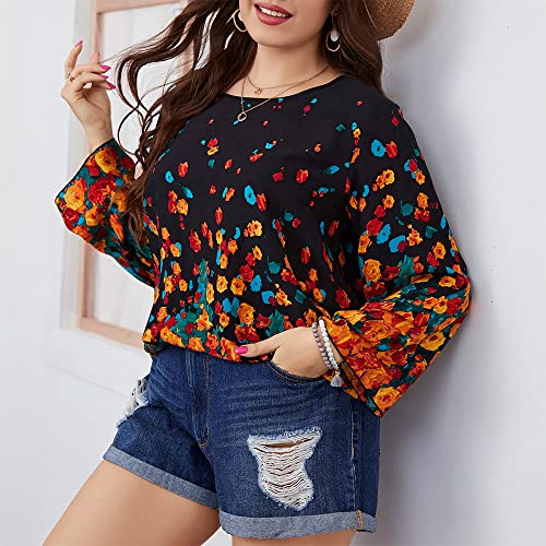 Camiseta,Henniu Blusa feminina plus size túnica estampa floral manga comprida vintage casual preto 2
