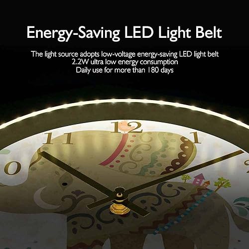 Miniatura 5 de Little Animals - Reloj de pared de elefantes de dibujos animados con control de sonido, luz nocturna LED, marco de metal, movimiento silencioso,