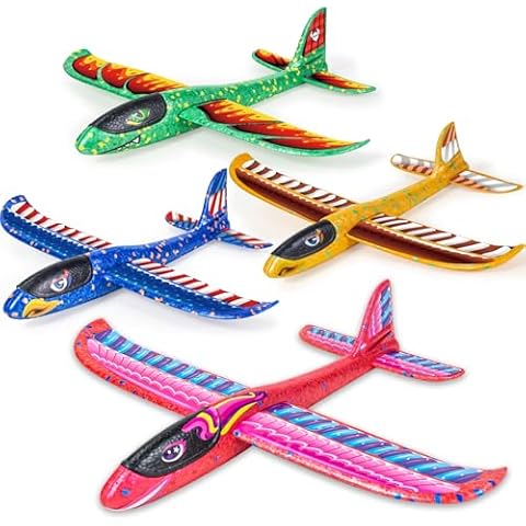 4 Pack Airplane Flying Toys, Throwing Foam Glider Plane Toys for 3-5 4-7 8-10 Year Old Kids, 2 Flight Modes Airplanes Kits with DIY Stickers, Outdoor Sport Toys Boys Girls Birthday Party Favors Gift Cover