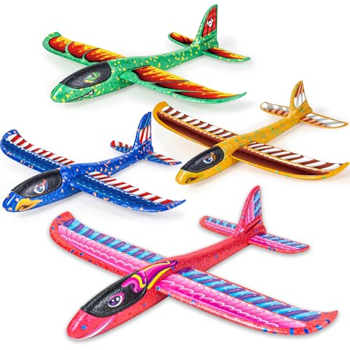 4 Pack Airplane Flying Toys, Throwing Foam Glider Plane Toys for 3-5 4-7 8-10 Year Old Kids, 2 Flight Modes Airplanes Kits with DIY Stickers, Outdoor Sport Toys Boys Girls Birthday Party Favors Gift