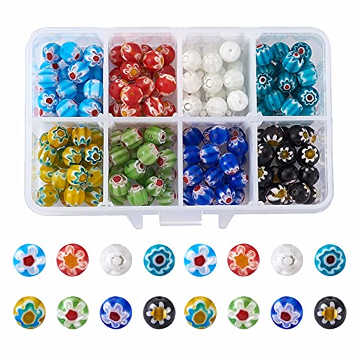 Craftdady 160pcs Handmade Millefiori Lampwork Glass Beads 8mm Smooth Round Flower Pattern Loose Spacer Beads 8 Colors for Bracelet Necklace Jewelry Crafts Making