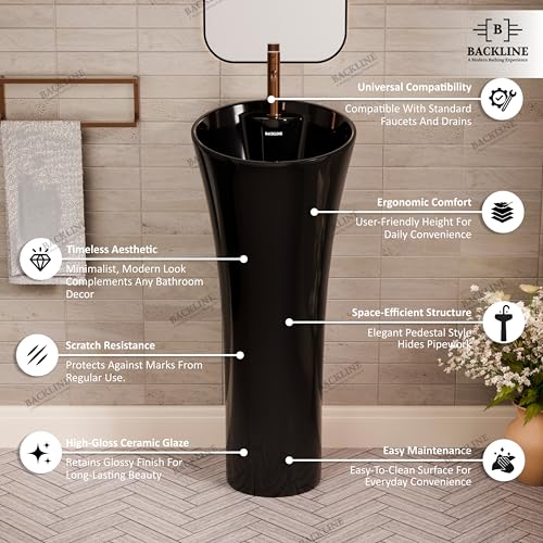 Image of B BACKLINE Ceramic Design Pedestal Wash Basin Free Standing Wash Basin Bowl Sink Round For Living Room & Bathroom 15 X 15 X 35 Inch (Black Glossy)