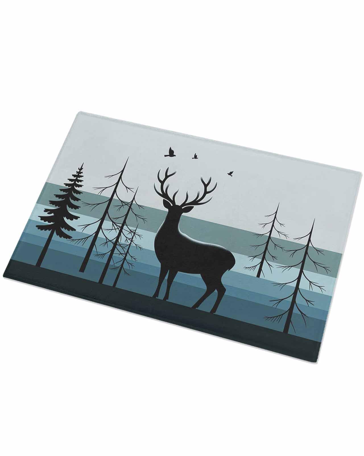 Indoor Doormat Forest Elk Silhouette,Shaggy Floor Mat with Non-Skid Backing Gradient Blue Stripes,Machine Washable Plush Area Rug Carpets for Kitchen Nursery Bedroom