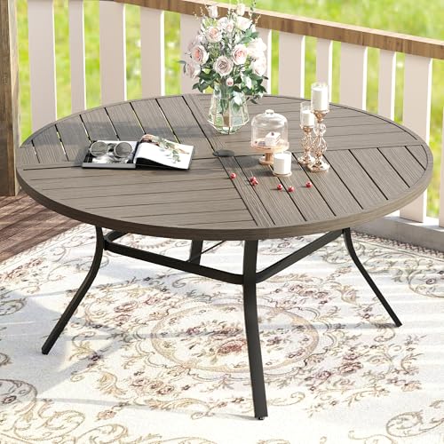 Image of VICLLAX Round Patio Table with Adjustable Umbrella Hole for 8, All Weather Metal Outdoor Dining Table for Lawn Garden, 59.8 inch Outdoor Coffee Table, Grey Wood-Like Tabletop