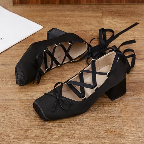 Bellirala Women Ballet Heels Satin Cute Bow Heels Lace Up Square Toe Chunky Block Heel Ballerina Ribbon Pumps Lolita Kawaii Cosplay Shoes2