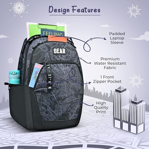 Image of Gear Cityscape 19 inch /40L Large Water Resistant School Bag | Casual Backpack | Daypack | Travel Backpack | Kids Bag for Boys /Girls (Black - Black)