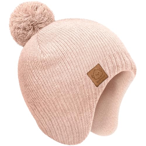 Image of Baby Beanie Winter Hat 0-6 Months - Cute Pom Winter Baby Hats with Earflaps, Soft & Stretchy Knit Toddler Beanies for Infant, Newborn 0-6 Months Boys, Girls, Cozy, Warm Fall Essentials (Blush, S)