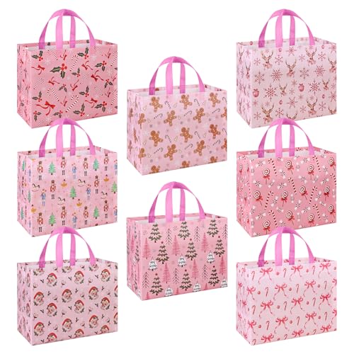 Christmas Non-woven Gift Bags: 8pcs Pink Multifunctional Reusable Wrapping Shopping Treat Bags with Handles Gingerbread Nutcracker Santa Claus Xmas theme Pattern for Presents Birthday Wedding Party