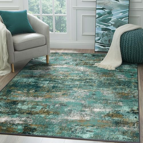Area Rugs 6x9 for Living Room Bedroom, Modern Abstract Machine Washable Rug, Large Soft Low Pile Floor Carpet with Non Slip Backing for Dining Room, Turquoise