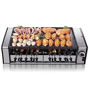 Double Layer Electric Grill, Multifunction Electric Smokeless Barbecue Indoor BBQ, Automatic Rotating 10-pin Skewers Machine, 1600 W Power Knob Control Hot Plate for Kitchen Dinner Party Camping