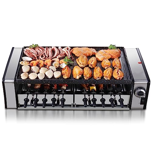 Double Layer Electric Grill, Multifunction Electric Smokeless Barbecue Indoor BBQ, Automatic Rotating 10-pin Skewers Machine, 1600 W Power Knob Control Hot Plate for Kitchen Dinner Party Camping