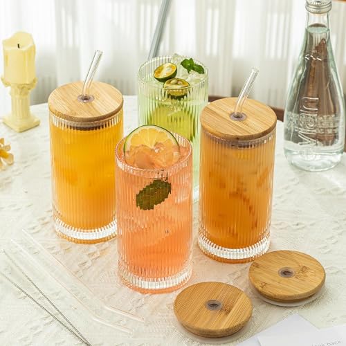 Image of KHOLAD Ribbed Glass Tumbler Mugs With Airtight Wooden Lid And Straw Pack Of 1,Multipurpose Drinking Glasses Sipper Perfect For Cocktails,Smoothies,Juice,Beer,Coffee For All-Occasions (Ribbed),400Ml