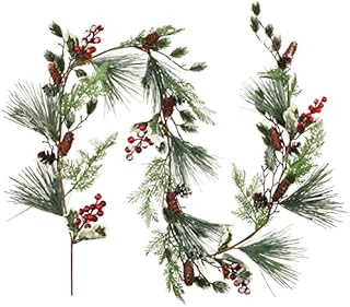 Christmas Pine Needle Garland,1.8 M Christmas Pinecones Garland Artificial Christmas Garland with Holly Leaves Pine Needles Red Berry Holiday Garland for Winter Home Mantle Fireplace Stairs Decoration